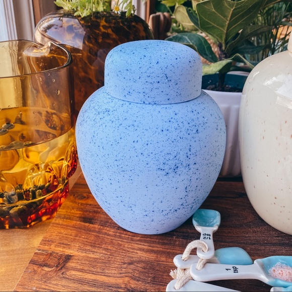 Vintage Speckled Blue Vase + Cover Lidded Jar - Picture 3 of 9